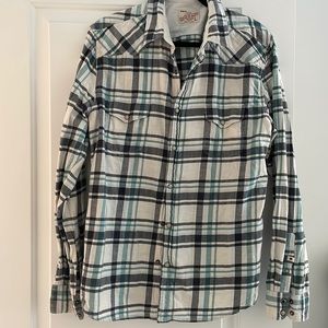 Men's Plaid Button-Up Shirt in White and Teal